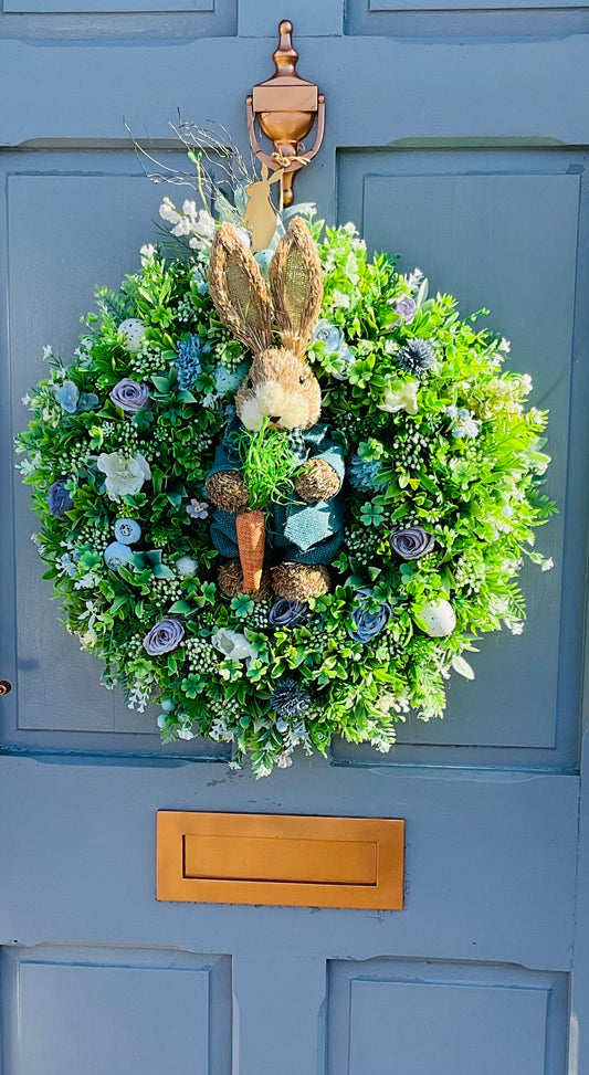 Blue straw Rabbit Easter Wreath