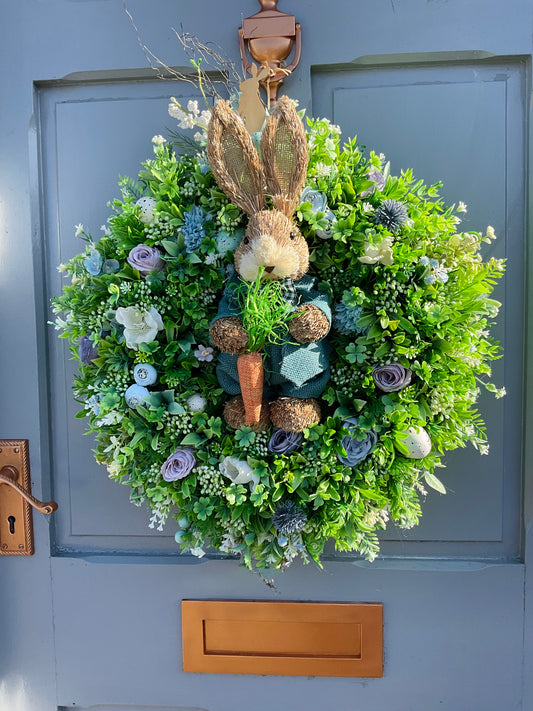 Blue straw Rabbit Easter Wreath